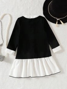 Elladie kids 小女孩黑白仿珍珠纽扣装饰白色下摆连衣裙，适合返校季