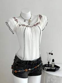 Elamini 女式刺绣露肩休闲衬衫 - 白色 - 查看 4