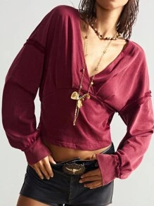 Bohemela Autumn/Winter BOHO Casual Solid Color V-Neck Long Sleeve Cropped Women Sweatshirt