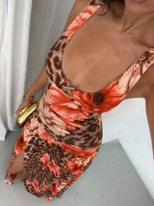 Glamine Vacay Vibes Floral Beach Graphic Print Leopard Floral Pattern Women Long Dress, Stretchy Jersey Fabric, Sexy Elegant Beach Sundress For Summer Holiday--Floral Pattern Random Fall Women Clothes Back To School Halloween