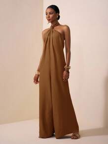 Zivah 2025 夏季新款音乐节复活节母亲节婚礼季参加婚礼出席生日日常休闲度假邮轮旅行海滩日光浴病毒式优雅休闲挂脖露背扭纹宽松阔腿裤，红棕色，女士连体裤 - 摩卡棕 - 查看 4