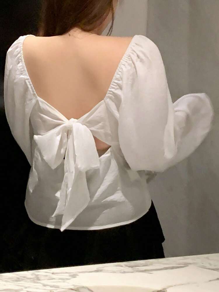 Dazy Plus Plus Size Women's Solid Color Transformable Collar Lantern Sleeve Backless Bowknot Long Sleeve White Blouse Vacation