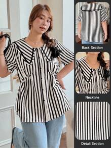 SHEIN LUNE Camisa feminina plus size listrada de manga curta e abotoamento simples, blusa casual de verão charmosa para professoras, ideal para ocasiões formais e informais. - Preto e Branco - Ver 1