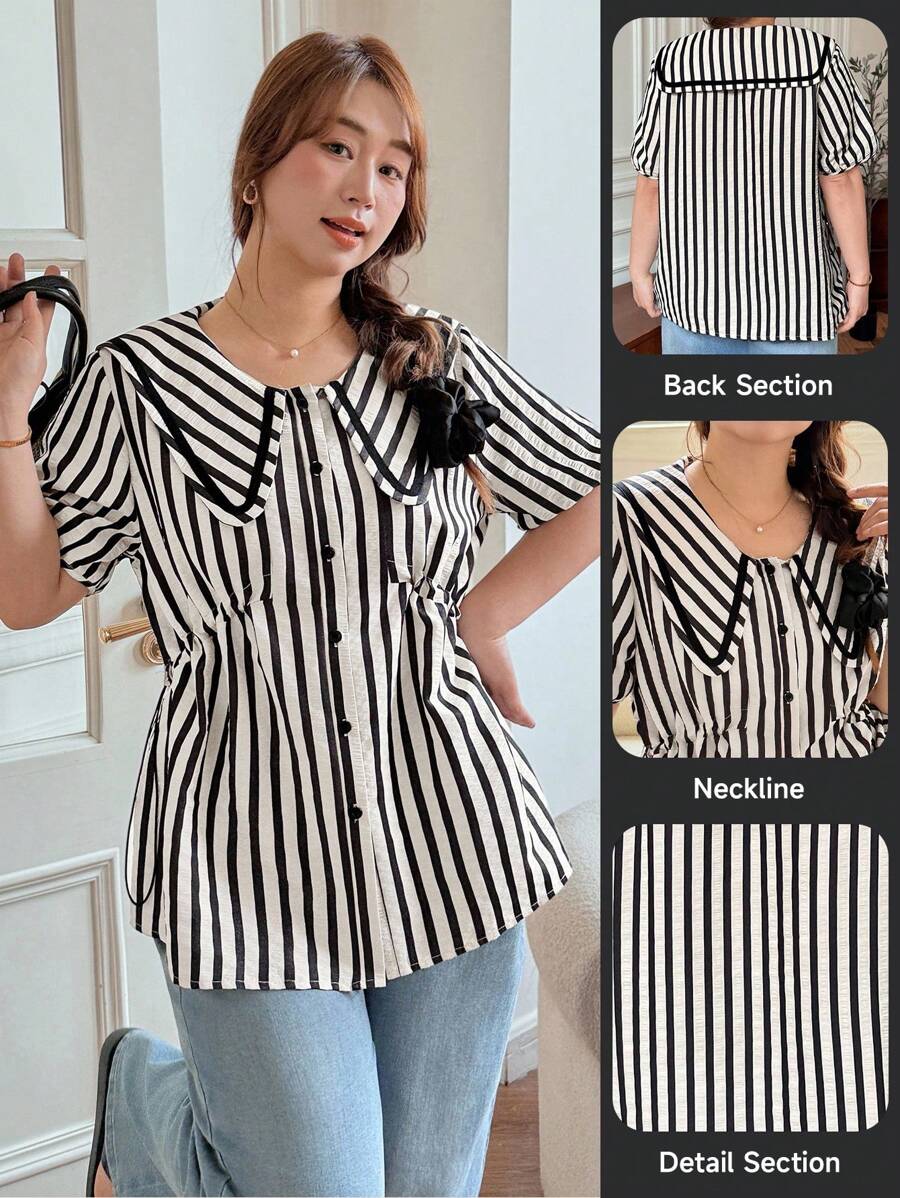 SHEIN LUNE Camisa feminina plus size listrada de manga curta e abotoamento simples, blusa casual de verão charmosa para professoras, ideal para ocasiões formais e informais. - Preto e Branco - Ver 1