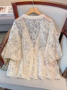 GlowEve CURVE Plus Size Women V-Neck Tie-Up Sheer Vacation Blouse, Half Sleeve Openwork Embroidered Cardigan Outerwear - Apricot - View 2