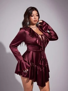 Viva Relle 大码女式纯色荷叶边喇叭袖时尚连衣裙 - 酒紅色 - 查看 5