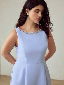 MOTF PREMIUM ROCHIE PÂNĂ LA GENUNCHI, CU DECOR CU MĂRGELE, FĂRĂ MÂNECI, MĂRIME PLUS - Bleu - Vizualizare 4