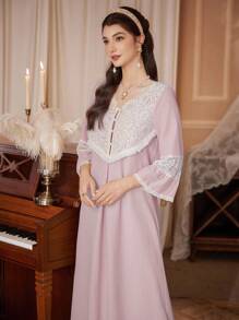 PalaceNights 优雅粉色长款睡裙，蕾丝边饰V领设计，女士睡衣连衣裙，秋冬款 - 粉色 - 查看 6