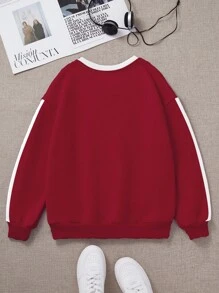 SHEIN Leap Crew 复古条纹，复古美国城市字母图案，安格拉复古红色，青少年女孩休闲宽松圆领舒适长袖运动衫，适合秋冬季，返校季，2000 年代风格，Y2K 服装，韩式风格，秋装，返校节，冬装，垃圾摇滚 - 彩色 - 查看 4