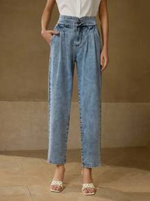 MOTF PREMIUM HIGH WAIST FOLD PLEATED SLANT POCKET TAPERED JEANS