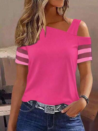 SHEIN LUNE Camiseta casual de vacaciones para mujer con cuello asimétrico, manga corta y parches de malla