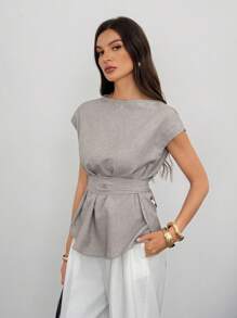 SHEIN Tall 亚麻蝙蝠袖休闲上衣，夏季，毕业，教师，返校 - 卡其色 - 查看 6