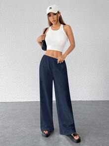 SHEIN PETITE 女士纹理简约宽松阔腿裤 - 藏蓝色 - 查看 3