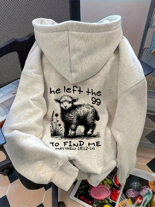 SHEIN Women's Slogan & Sheep Print Casual Drop Shoulder Long Sleeve Hoodie Sweatshirt Fall Cloth For Women