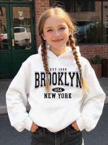 SHEIN Leap Crew ModeFlare Wear 纽约布鲁克林印花连帽衫，青少年女孩款，休闲宽松加厚卫衣，适合秋冬季穿着