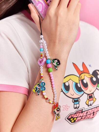 THE POWERPUFF GIRLS X SHEIN 时尚可爱的花朵、泡泡、毛茛图案亚克力手工串珠仿珍珠手机挂绳，彩色手机吊坠