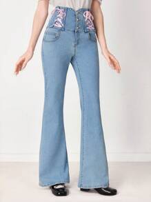 ROMWE EDITION Quần jeans ống loe cạp cao buộc dây thời trang thường ngày dành cho nữ - Rửa nhẹ - Xem 2