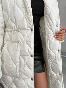 EURMUSE Women's Solid Waist Drawstring Quilted Patched Pocket Loose Fit Midi Winter Coat - White - View 4