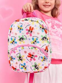 THE POWERPUFF GIRLS X SHEIN 1 件可爱卡通图案印花涤纶背包，幼儿背包，学龄前 3 岁以上，可调节肩带，适合男孩和女孩，泡泡、花朵、毛茛、爱心 - 彩色 - 查看 1