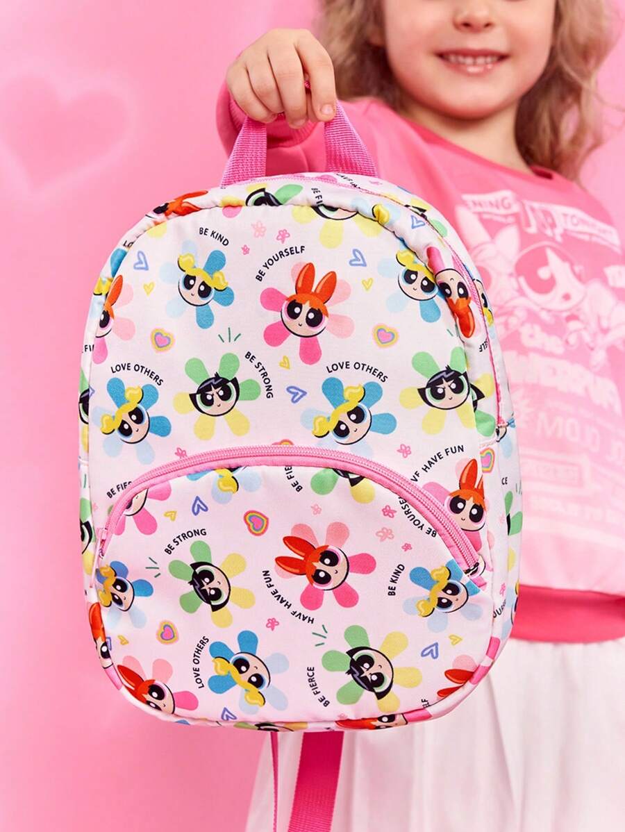THE POWERPUFF GIRLS X SHEIN 1 件可爱卡通图案印花涤纶背包，幼儿背包，学龄前 3 岁以上，可调节肩带，适合男孩和女孩，泡泡、花朵、毛茛、爱心 - 彩色 - 查看 1