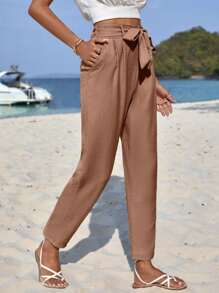 EURMUSE Solid Belted Carrot Pants - Khaki - View 4