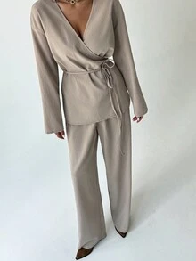 Aloruh 卡其色简约办公室通勤装：喇叭袖系带腰女式衬衫 + 阔腿长裤女式长裤，2 件套 - 卡其色 - 查看 7