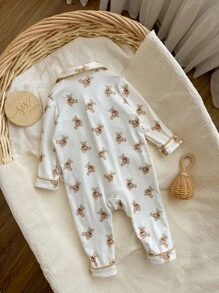 Newborn Baby Boy Cute Bear Pattern Lapel Button Pocket Long Sleeve Jumpsuit Soft Loungewear