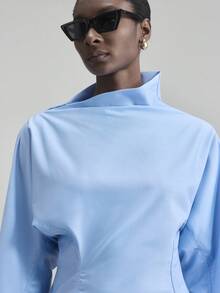 Ontre 女式秋季蓝色蝙蝠袖收腰时尚衬衫，简约时尚都市商务休闲上衣，适合办公室、海岛度假、郊游 - 藍色 - 查看 5