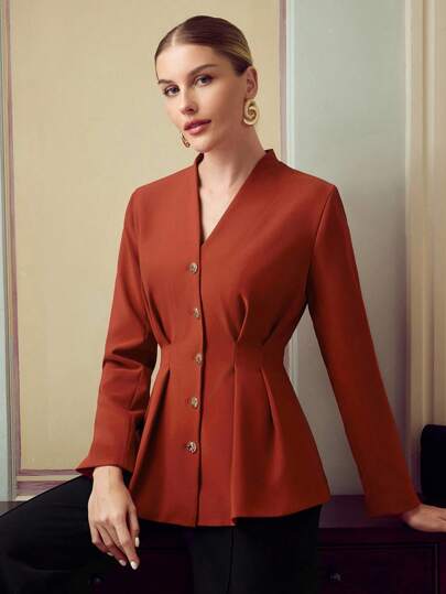 ZEYLAH Blusa elegante de mujer de unicolor, de manga larga, de un solo pecho, con diseño de cintura plisada