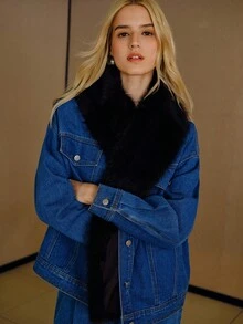 MOTF PREMIUM CHAQUETA DE MEZCLILLA CON BLOQUES DE COLOR Y FORRO DE PIEL SINTÉTICA DE CONTRASTE - Azul lavado medio - Ver 2