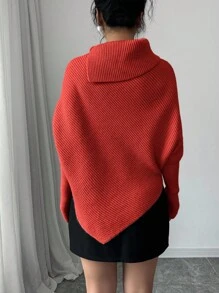 Elenzga 女式不对称蝙蝠翼高领纯色经典针织毛衣，时尚百搭，适合度假和秋冬针织套头衫 - 珊瑚橙 - 查看 2