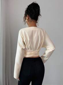 Roylia Chaqueta de mujer con cuello en V, cintura plisada y manga larga con botones, versátil y estilizadora - Albaricoque - Ver 2