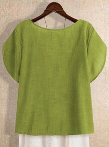 Linhara Plus Size Women Solid Color Asymmetric Ruffle Trim Short Sleeve Fashionable Blouse,St Patrick's Day Green Blouse,Vacation Beach Outfits - Lime Green - View 2