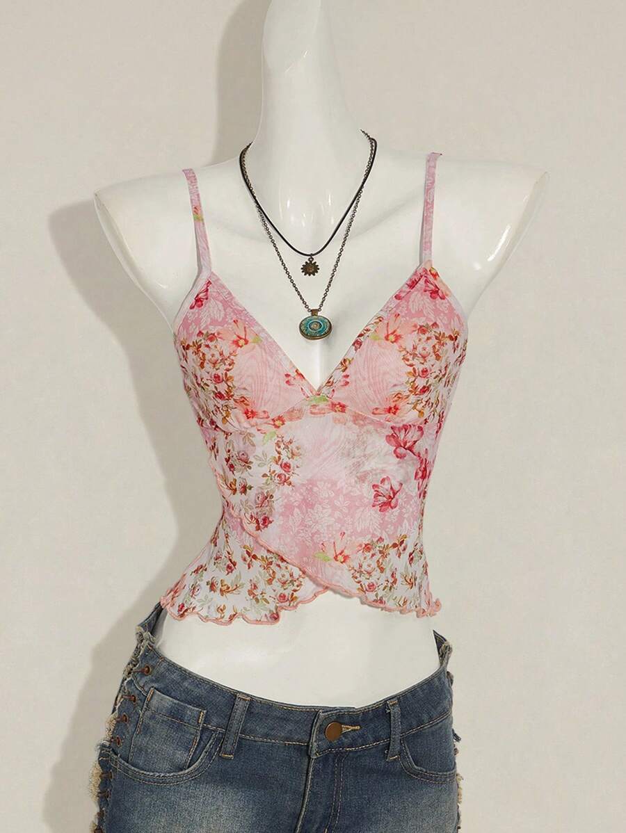 SHEIN ICON 女士休闲荷叶边印花吊带背心