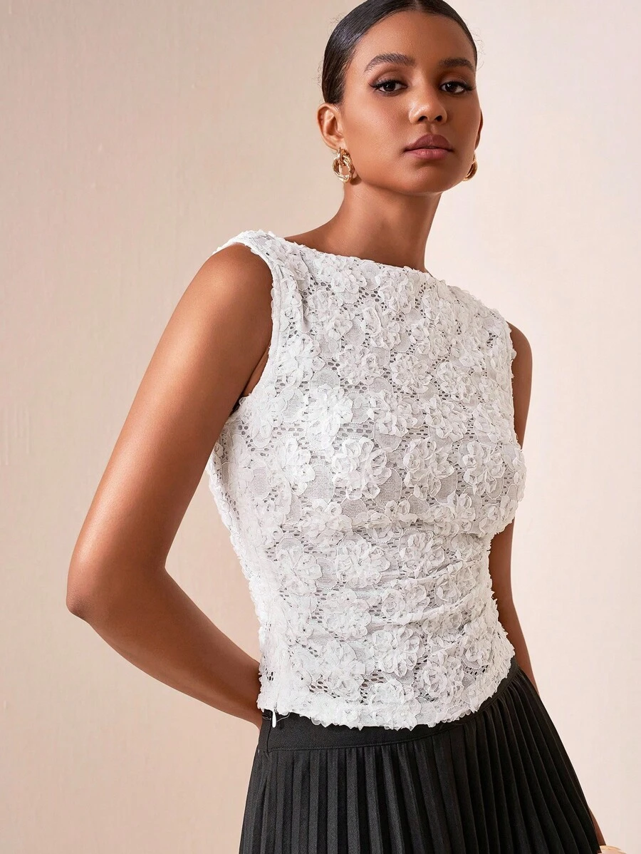 Zivah 2025年夏季新款性感白色蕾丝花卉3D提花修身短款背心，适合复活节、音乐节、日常穿着、派对、圣诞节、情人节、约会、海滩、游轮、狂欢节 - 白色 - 查看 1