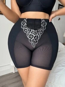 SHEIN 大码休闲系列蕾丝拼布网眼塑身裤 - 黑色 - 查看 3