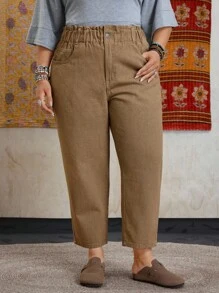 EMERY ROSE Plus Paperbag Waist Mom Fit Jeans - Khaki - View 5