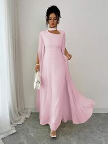 Elenzga Váy đi biển phong cách Pháp lãng mạn thanh lịch dành cho nữ, vải voan mỏng, cổ khoét sâu, dây buộc chéo sau lưng, chân váy maxi xòe, tay dài, xẻ tà, thích hợp cho tiệc trà chiều, tiệc tùng, phong cách Trung Đông, xuân/hè - Hồng - Xem 5