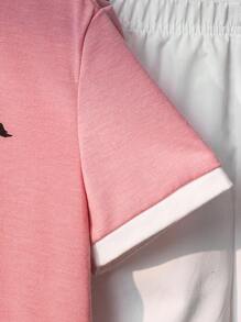 SHEIN 2pcs/Set Young Boys Comfortable Stand Collar Contrast Color Casual Fashion Everyday Matching Knit Polo Shirt And Woven Shorts, Suitable For Spring/Summer, Suitable For Daily Wear, Sports, Outdoor, School, Party, Holiday, Photo Shooting - Pink - View 4