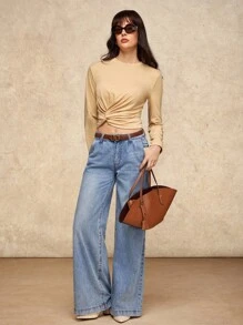 House of One Old Money Round Neck Twisted Long Sleeves Solid Knit Top Women Autumn Casual Wear Twist Front Top Fall Outfits Business Professional Women Business Casual Woman