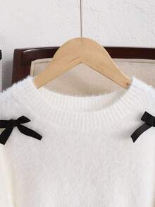 SHEIN Tween Girl Casual Cute Round Neck Faux Fur Collar Loose Fit Bow Knit Sweater TopAutumn Clothing Fall Winter - White - View 5