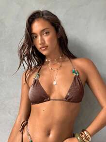 Aloruh 女士优雅性感复古纯绿色闪亮面料混色随机串珠装饰吊带比基尼上衣，女士泳装，女士沙滩装，女士假日装 - 棕色 - 查看 4