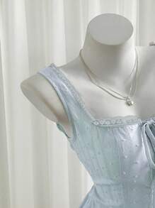 Sweetra 女式蕾丝刺绣吊带背心，甜美法式无袖修身背心，适合分层穿着或外套，方领，修身，百搭 - 藍色 - 查看 3