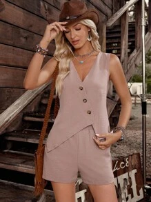 Breezaya Set Rompi dan Celana Pendek Desain Asimetris Longgar untuk Liburan Musim Panas - Khaki - View 4