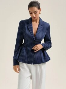 Revavyn 女式泡泡下摆翻领长袖条纹西装外套 - 藍色 - 查看 4