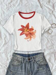Camiseta corta de cuello redondo de mujer con estampado floral y color de contraste - Multicolor - View 1