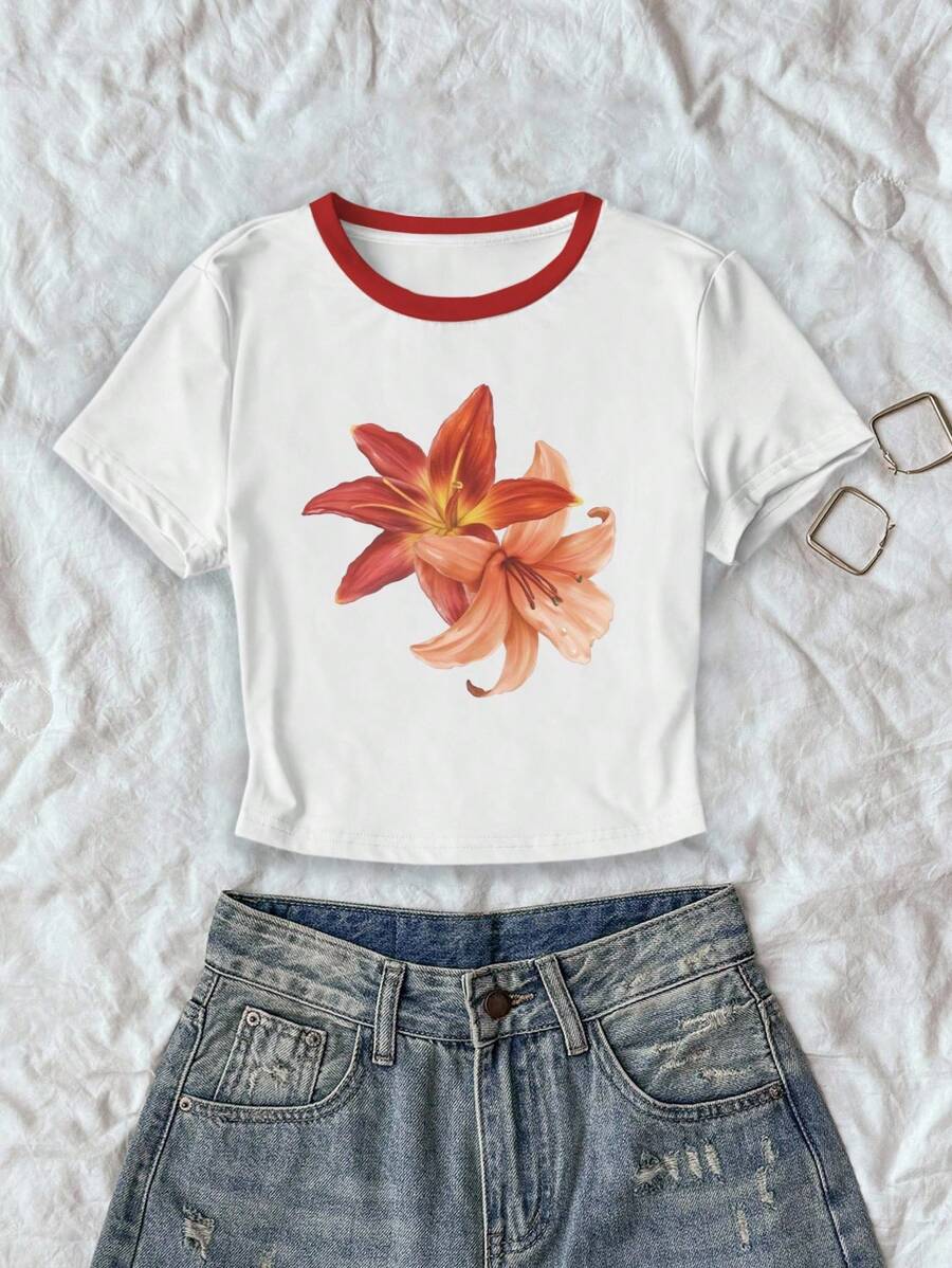 Camiseta corta de cuello redondo de mujer con estampado floral y color de contraste - Multicolor - View 1