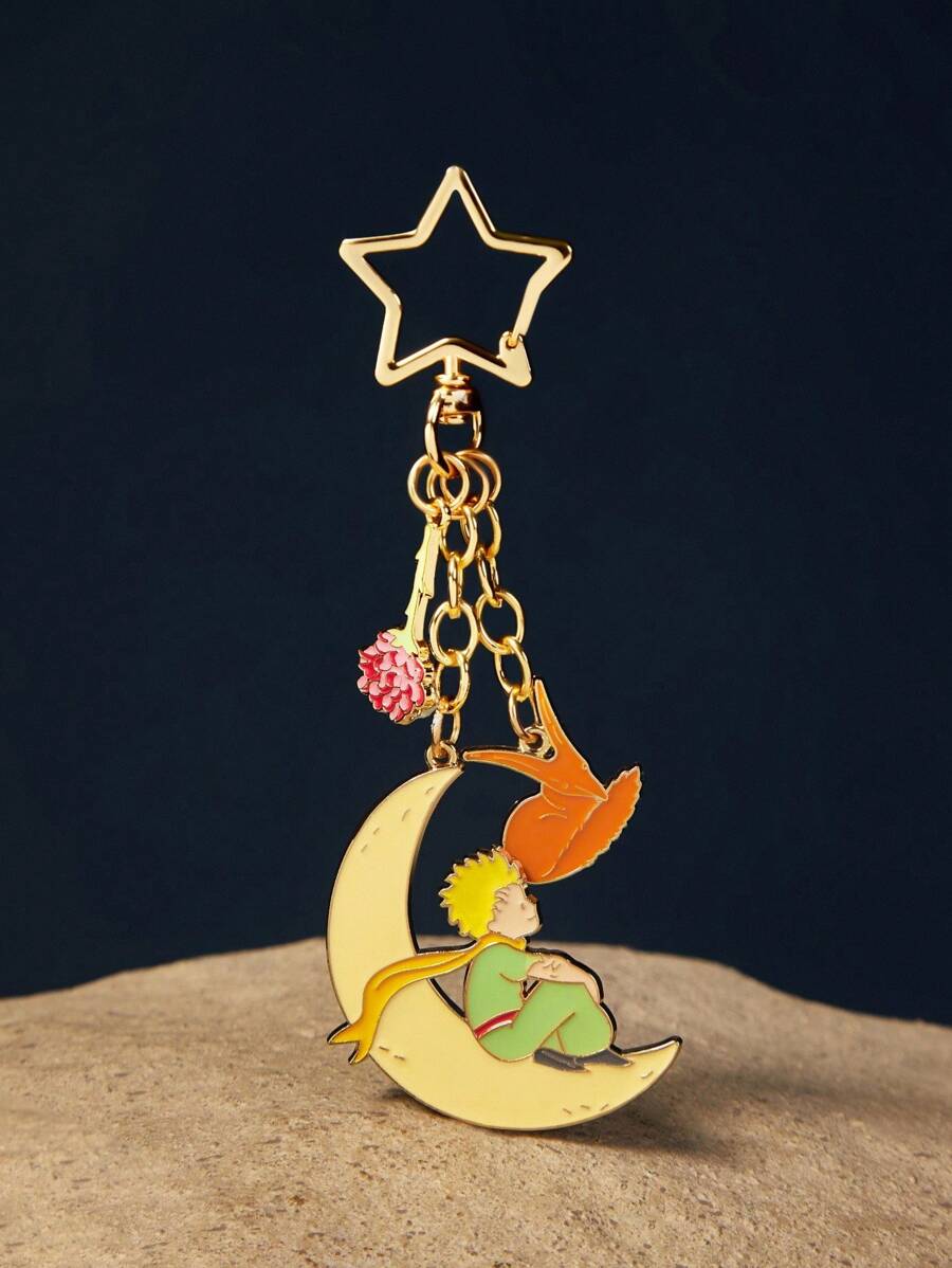 LE PETIT PRINCE X SHEIN 时尚可爱的锌合金钥匙扣、包包挂件、吊坠、收藏礼品、月亮和星星、金色 - 彩色 - 查看 1