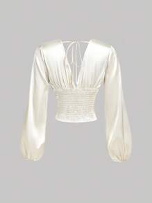 SHEIN MOD Women's Solid Color Deep V Neck Ruffle Lantern Sleeve Fashionable Blouse, Satin Blouse,Long Sleeve,V Neck,Crop Blouse, - White - View 3