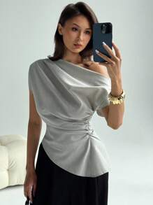 Aloruh New Minimalist Fashion Versatile Gray Asymmetrical Neck Pleated Decor Cinched Waist Pullover Fitted Short Sleeve Blouse